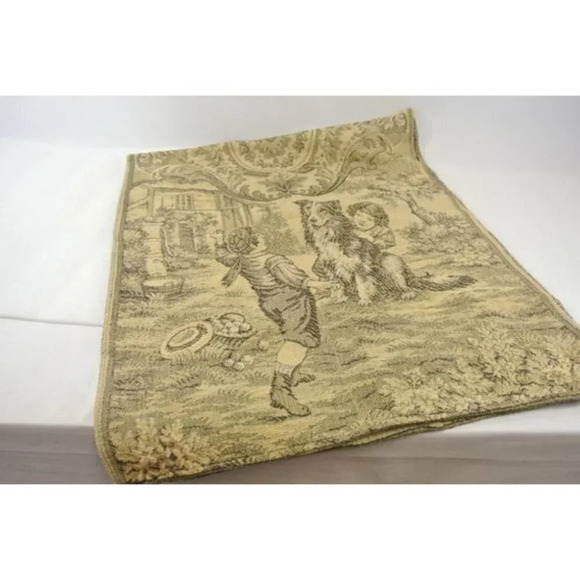 Tapestry Woven Table Runner w/ Dog and Children Scene  Vintage - Picture 2 of 7
